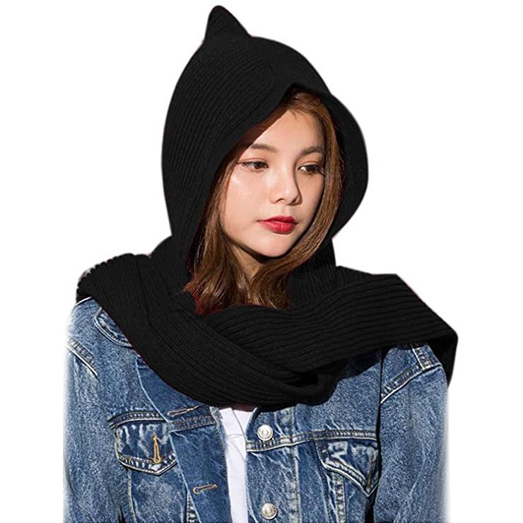 Women's Winter Knitted Hooded Long Scarf Women's Shoes & Accessories Black - DailySale