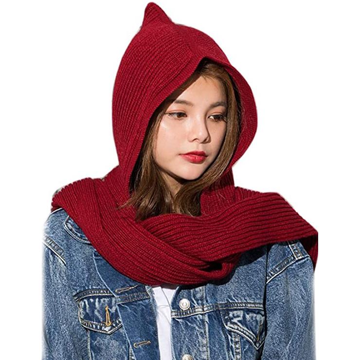 Women's Winter Knitted Hooded Long Scarf Women's Shoes & Accessories Wine Red - DailySale