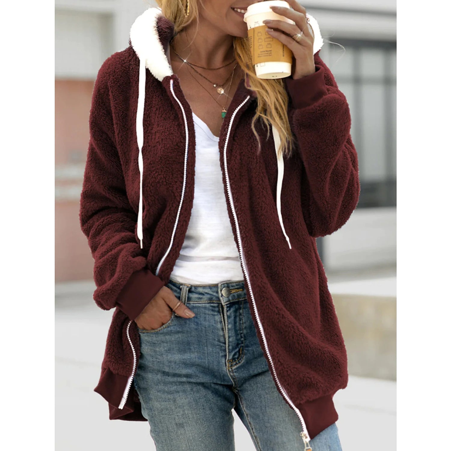 Women's Zip Fleece Hoodie Sweatshirt Women's Outerwear Red S - DailySale