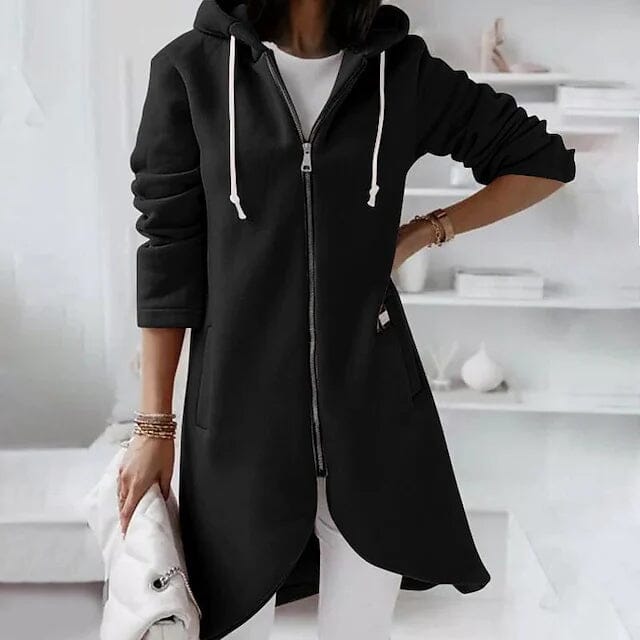 Woman standing with a hand on her hip waring Women's Zip Hoodie Sweatshirt Pullover Sherpa Fleece Pocket Zip Up in black