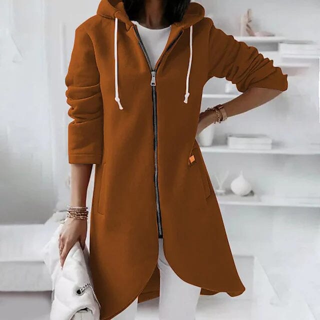 Woman standing with a hand on her hip waring Women's Zip Hoodie Sweatshirt Pullover Sherpa Fleece Pocket Zip Up in brown