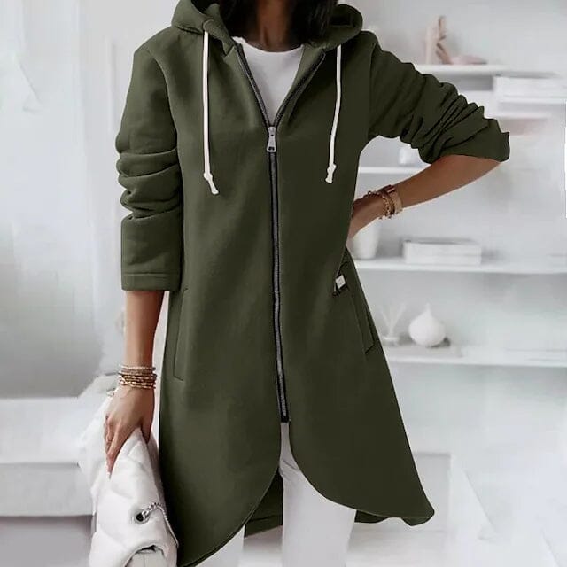 Woman standing with a hand on her hip waring Women's Zip Hoodie Sweatshirt Pullover Sherpa Fleece Pocket Zip Up in dark green