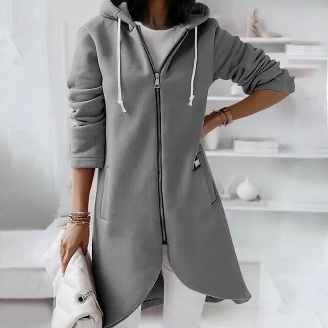 Woman standing with a hand on her hip waring Women's Zip Hoodie Sweatshirt Pullover Sherpa Fleece Pocket Zip Up in grey