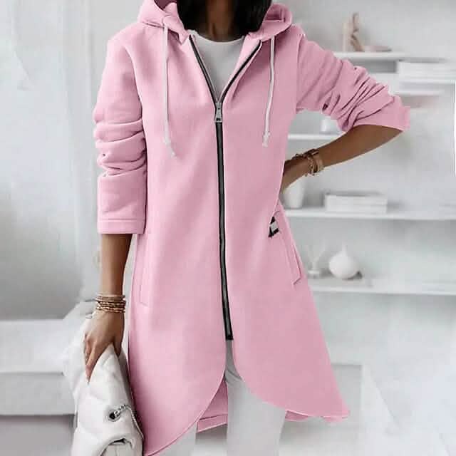 Woman standing with a hand on her hip waring Women's Zip Hoodie Sweatshirt Pullover Sherpa Fleece Pocket Zip Up in pink