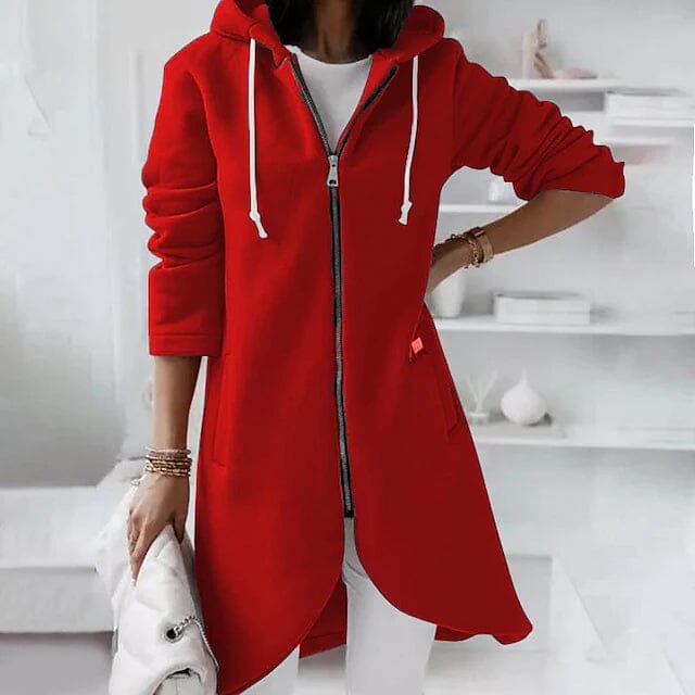 Woman standing with a hand on her hip waring Women's Zip Hoodie Sweatshirt Pullover Sherpa Fleece Pocket Zip Up in red