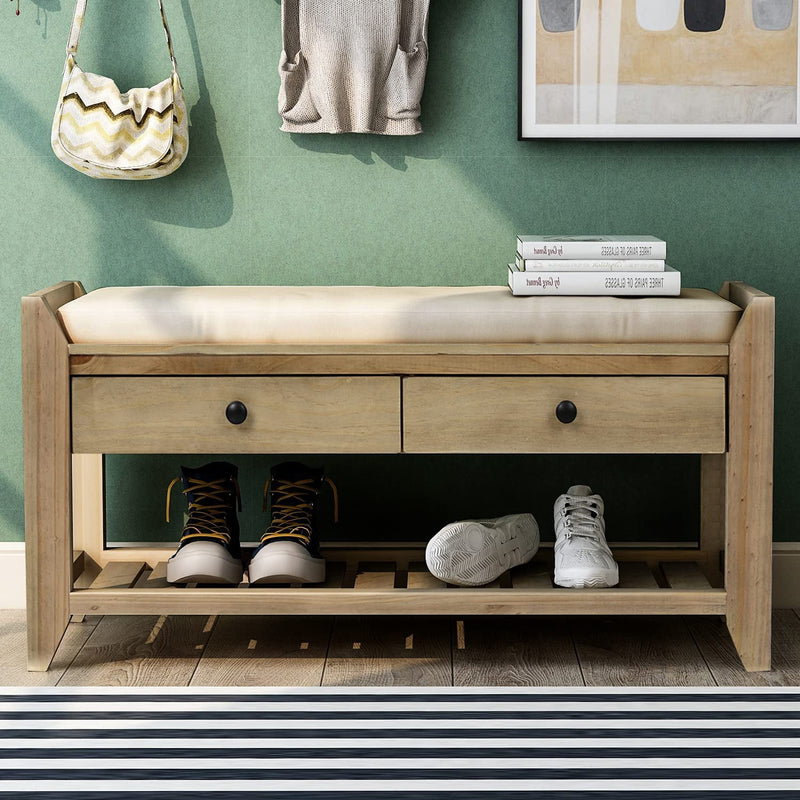 Wood Storage Bench with 2 Drawer Shoe Rack Furniture & Decor Beige - DailySale