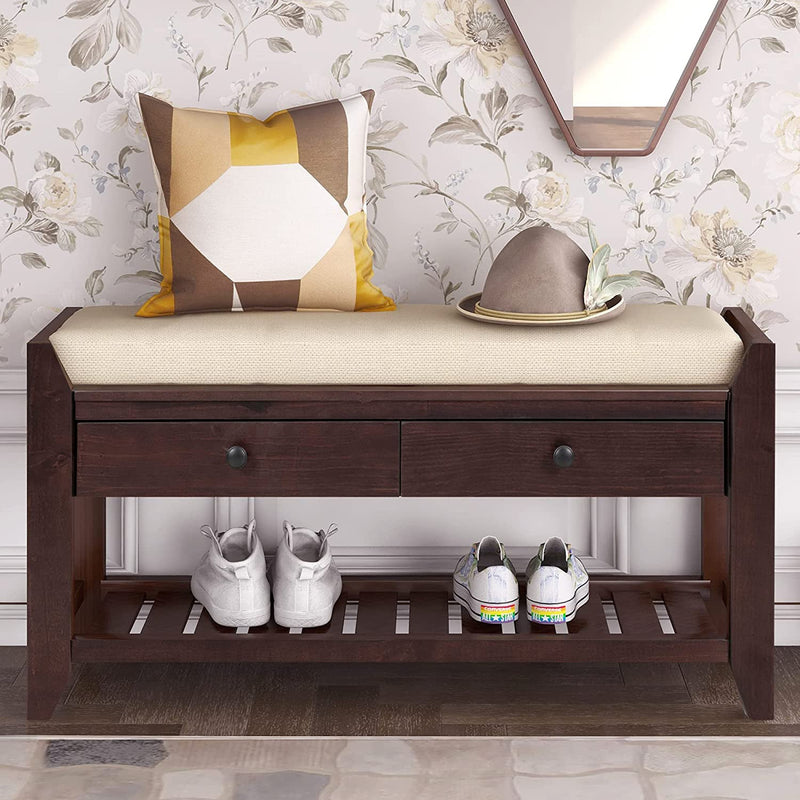 Wood Storage Bench with 2 Drawer Shoe Rack Furniture & Decor Coffee - DailySale