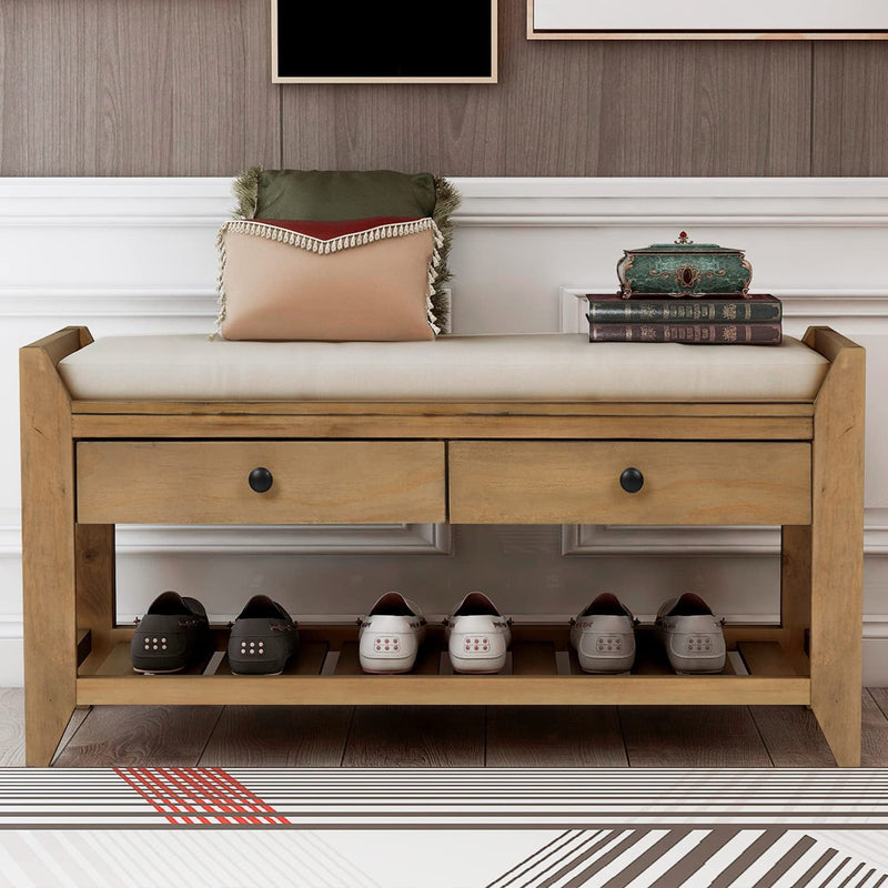 Wood Storage Bench with 2 Drawer Shoe Rack Furniture & Decor Natural - DailySale