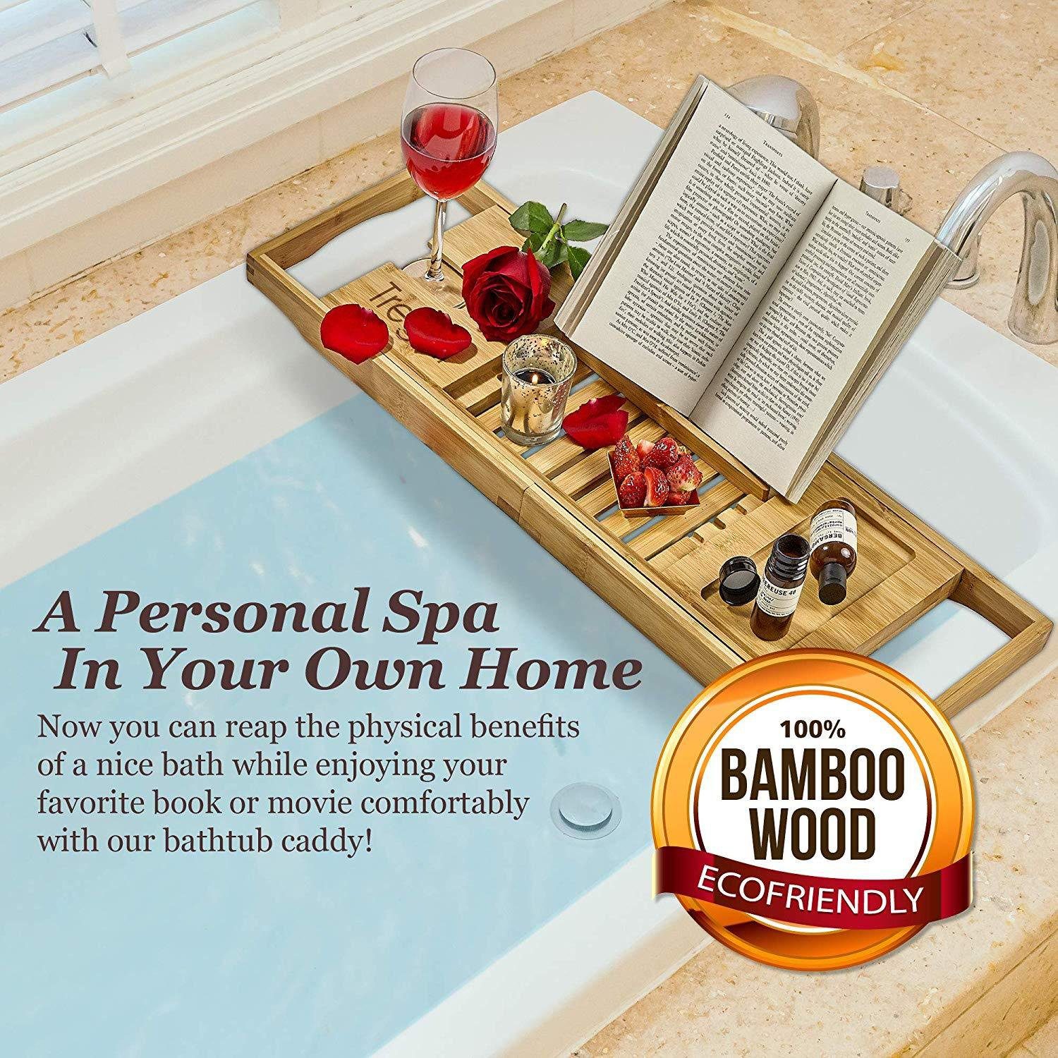 Wooden Bathtub Tray with Wine Glass Slot Phone Tray Book Holder Bath - DailySale