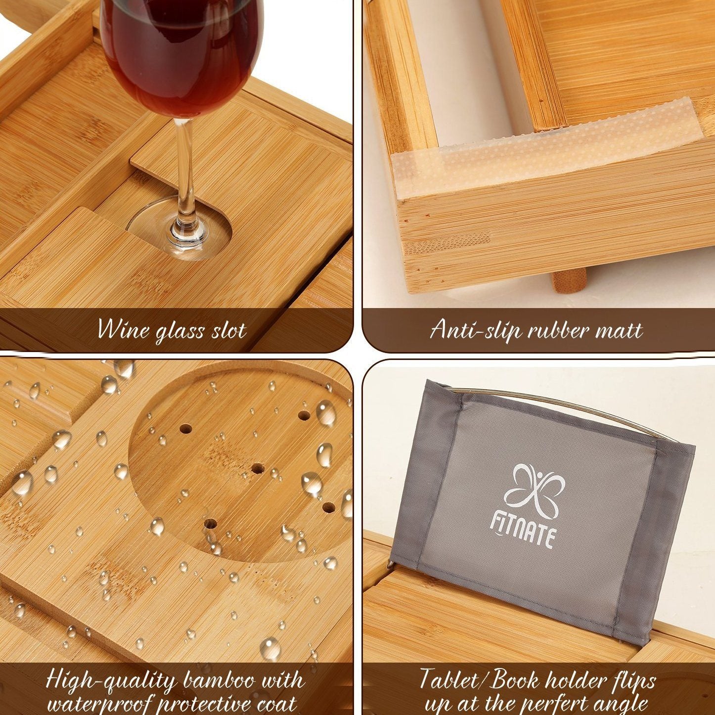 Wooden Bathtub Tray with Wine Glass Slot Phone Tray Book Holder Bath - DailySale