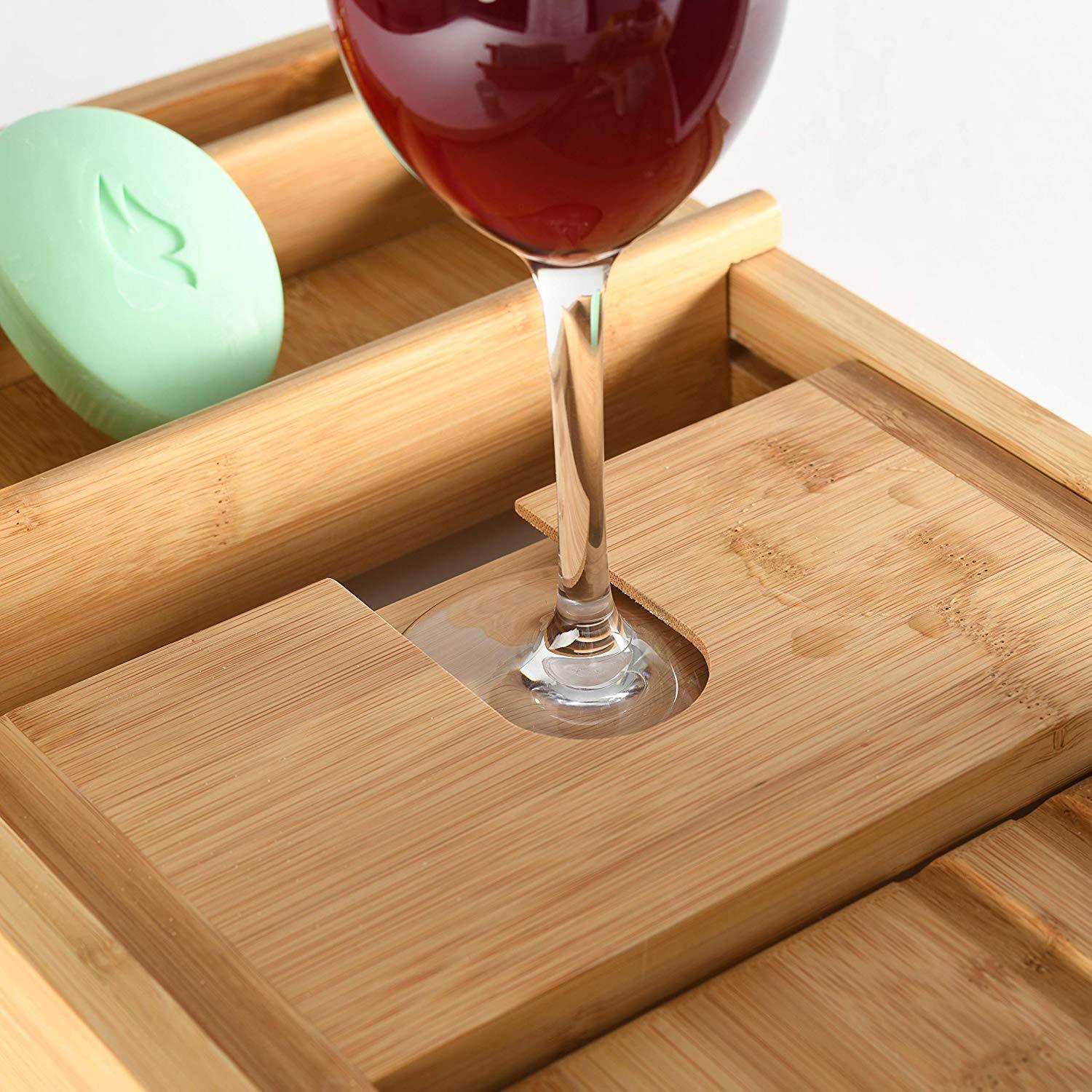 Wooden Bathtub Tray with Wine Glass Slot Phone Tray Book Holder Bath - DailySale