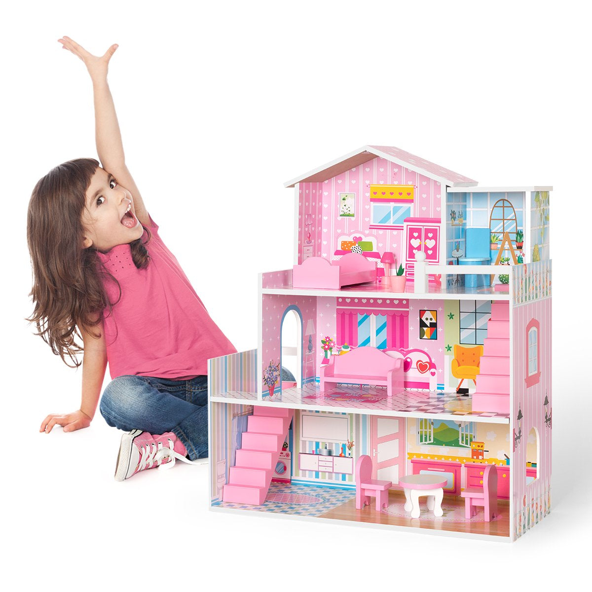 Wooden Dollhouse with Furniture, Doll House Playset for Kids Toys & Games - DailySale