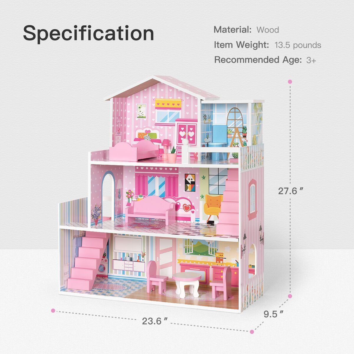 Wooden Dollhouse with Furniture, Doll House Playset for Kids Toys & Games - DailySale