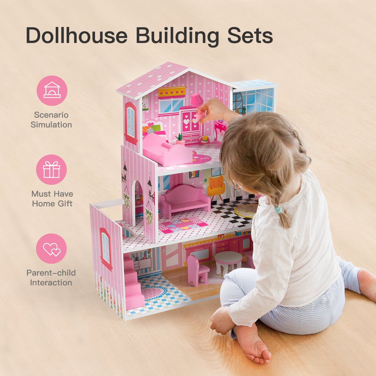 Wooden Dollhouse with Furniture, Doll House Playset for Kids Toys & Games - DailySale