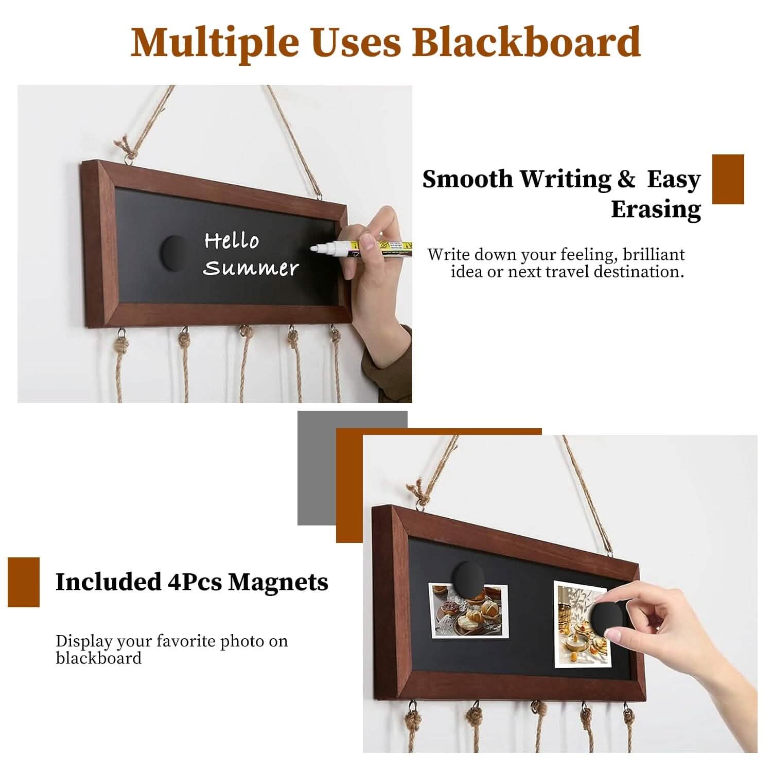 Wooden Hanging Picture Frame Display String Ropes with 30 Clips Writable Blackboard Furniture & Decor - DailySale