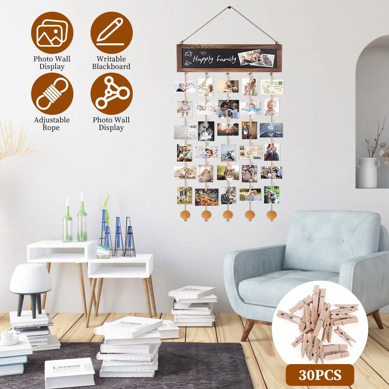 Wooden Hanging Picture Frame Display String Ropes with 30 Clips Writable Blackboard Furniture & Decor - DailySale