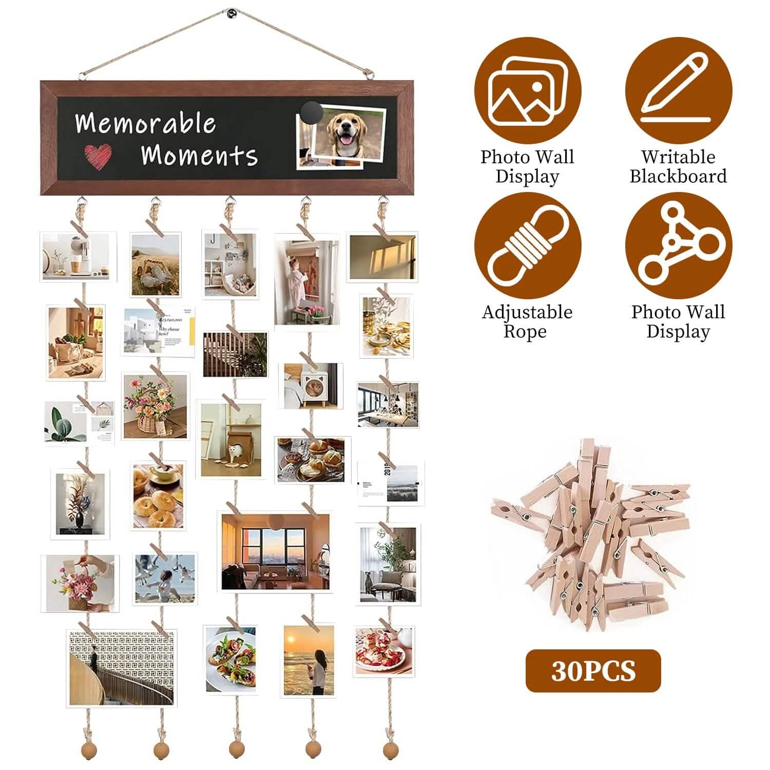 Wooden Hanging Picture Frame Display String Ropes with 30 Clips Writable Blackboard Furniture & Decor - DailySale