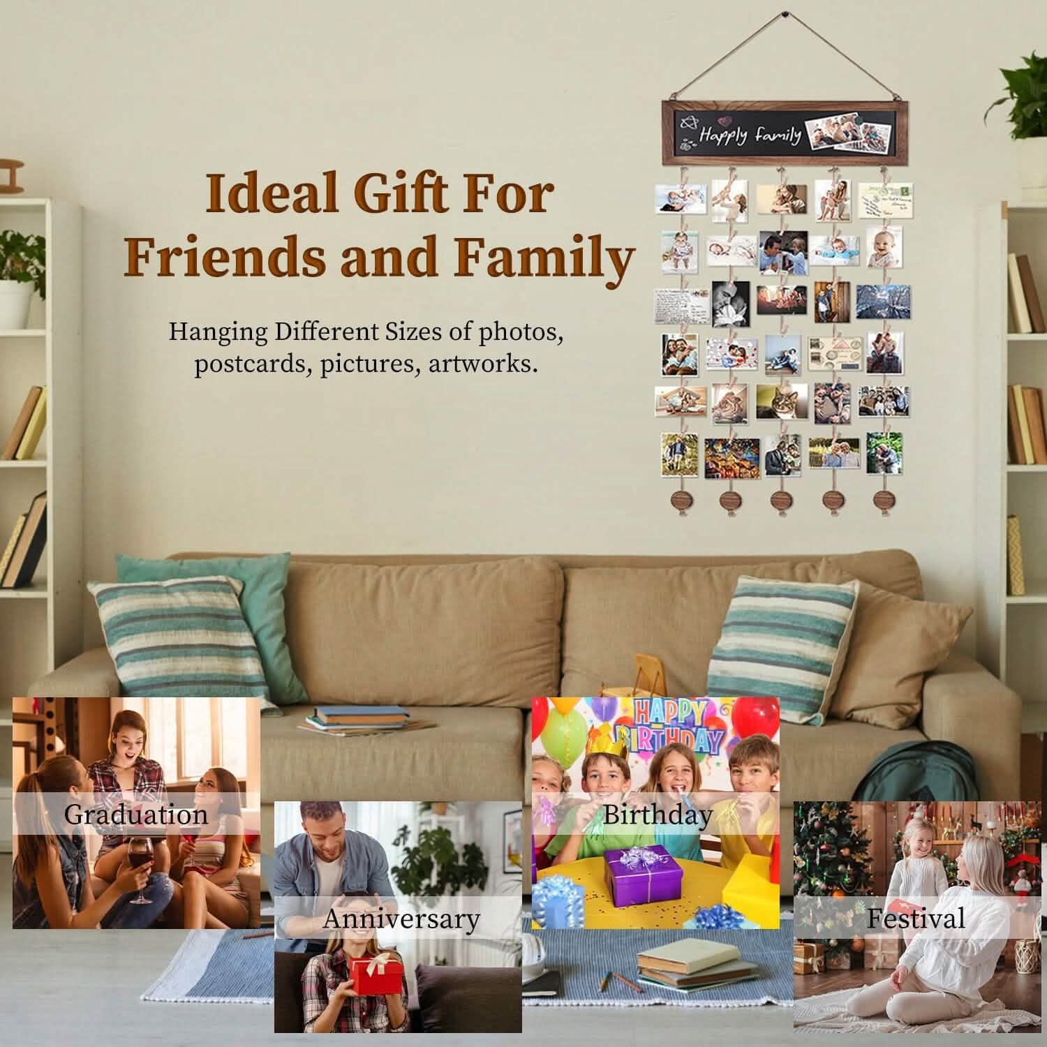 Wooden Hanging Picture Frame Display String Ropes with 30 Clips Writable Blackboard Furniture & Decor - DailySale