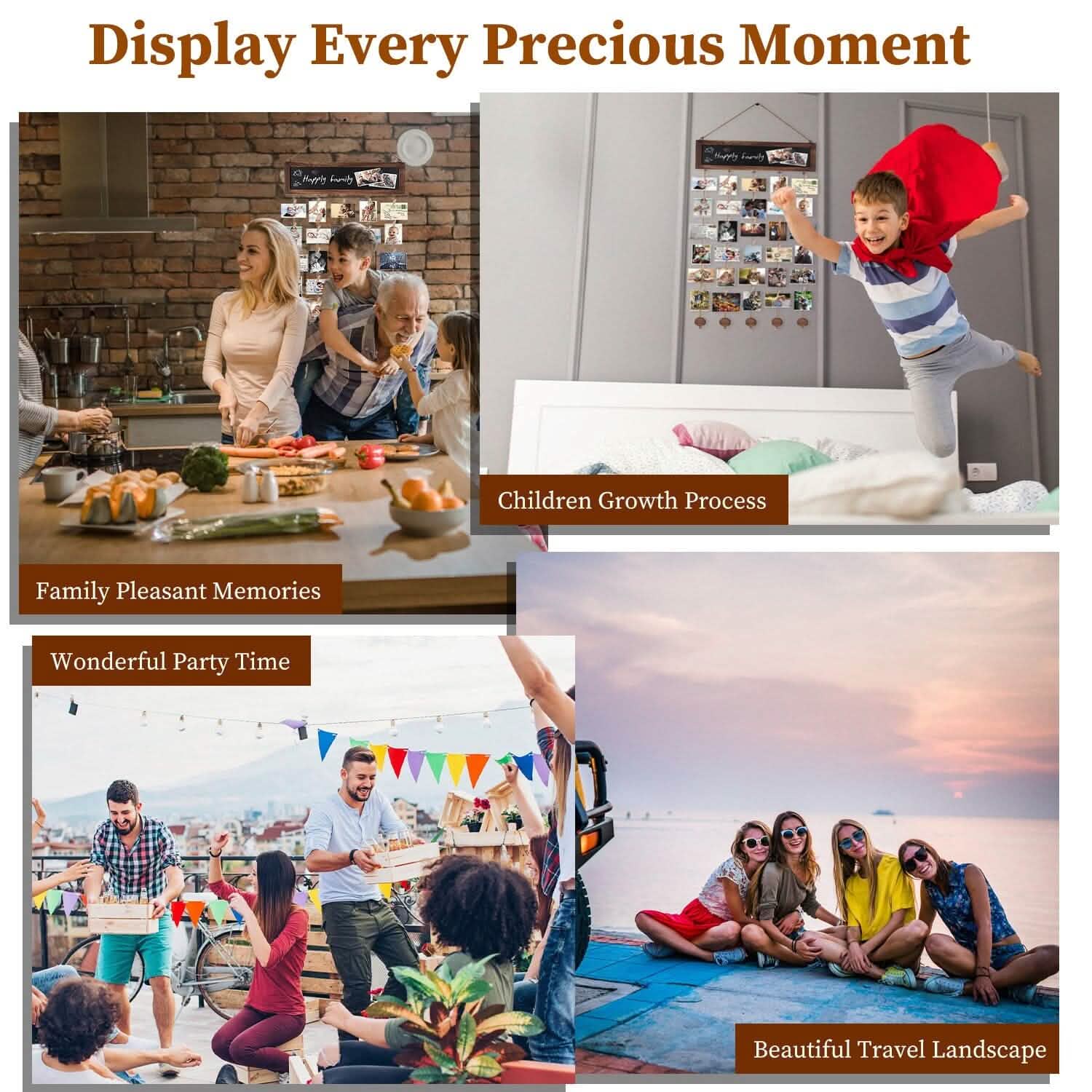 Wooden Hanging Picture Frame Display String Ropes with 30 Clips Writable Blackboard Furniture & Decor - DailySale