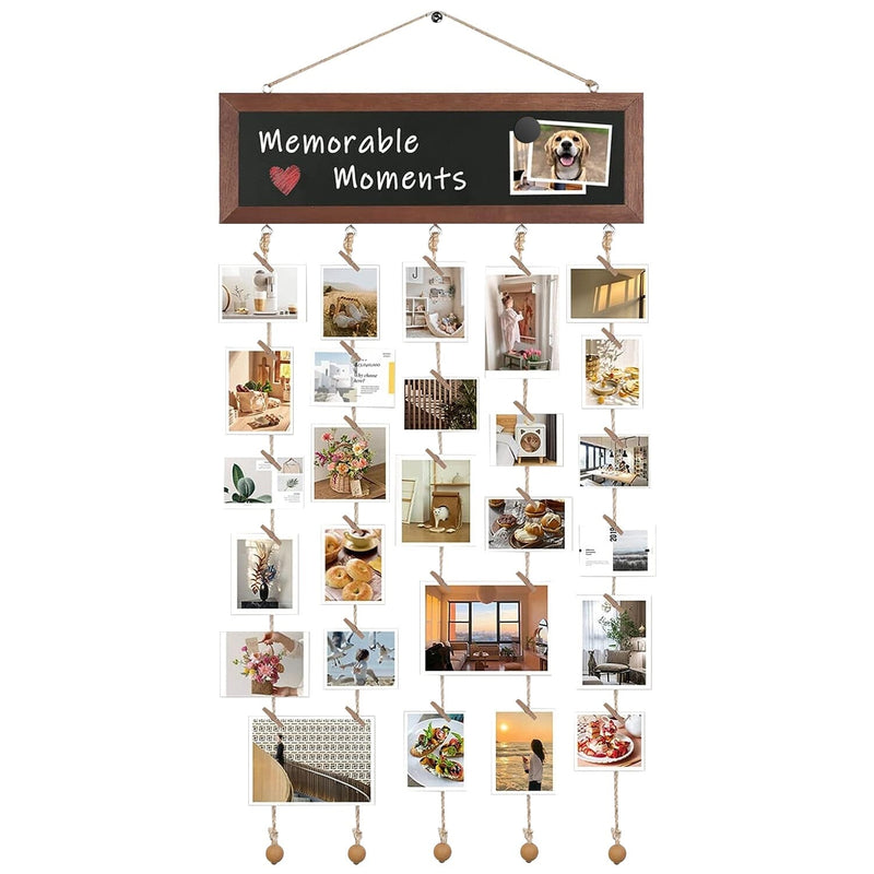 Wooden Hanging Picture Frame Display String Ropes with 30 Clips Writable Blackboard Furniture & Decor - DailySale
